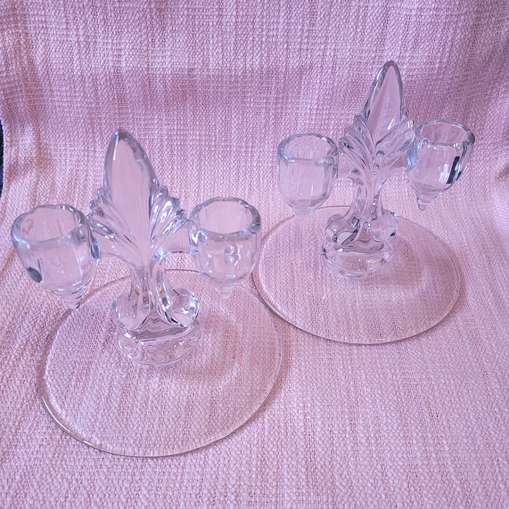 Vintage Beautiful Crystal Fleur De Lis Candelabra Set of Two